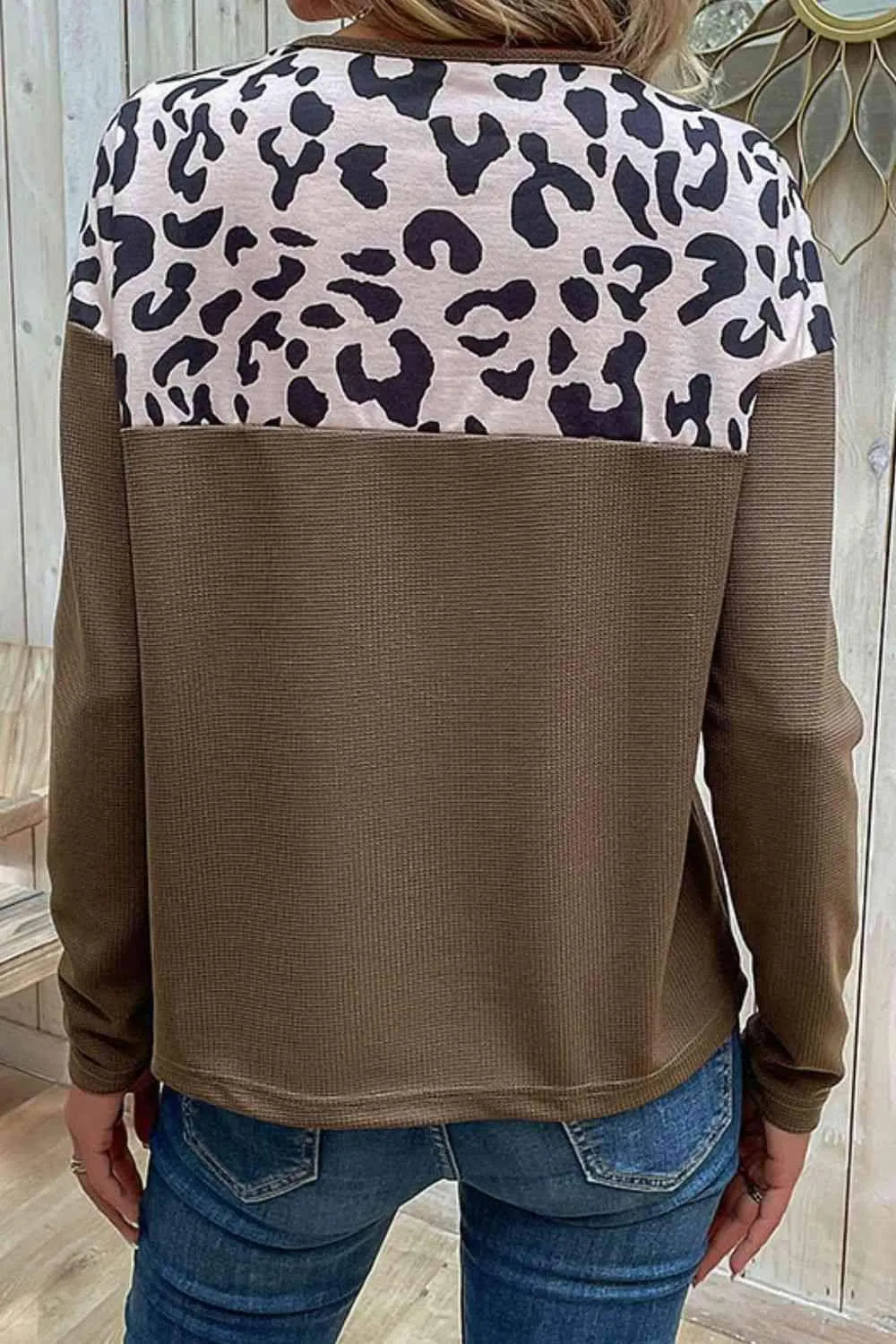 Leopard Buttoned Round Neck Drop Shoulder Top Blouses - Tophatter Daily Deals